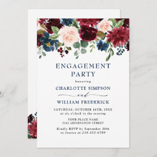 Invitation Burgundy Navy Blue Blush Flowers ENGAGEMENT PARTY