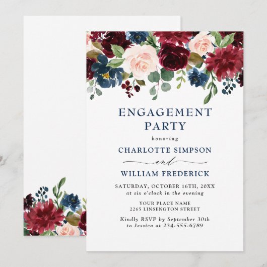 Invitation Burgundy Navy Blue Blush Flowers ENGAGEMENT PARTY (Devant / Derrière)