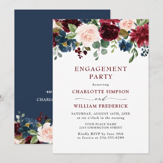 Invitation Burgundy Navy Blue Blush Flowers ENGAGEMENT PARTY (Devant / Derrière)