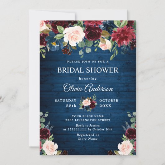 Invitation Burgundy Navy Blue Blush Flowers FÊTE DES MARIÉES (Devant)