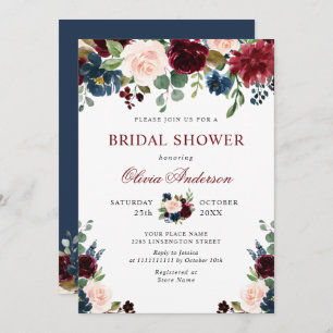 Invitation Burgundy Navy Blue Blush Flowers FÊTE DES MARIÉES
