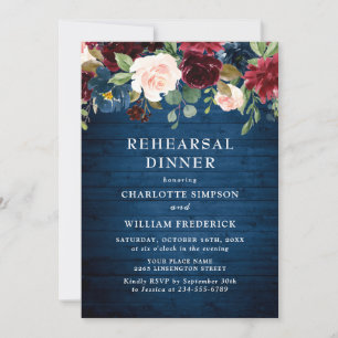 Invitation Burgundy Navy Blue Blush Flowers REHEARSAL DÎNER
