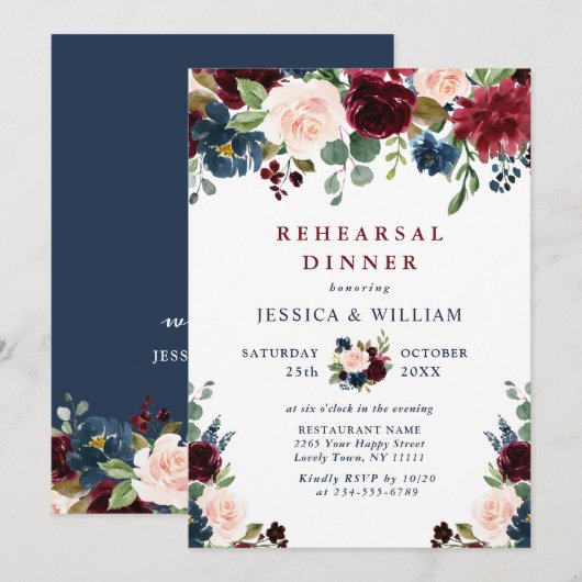 Invitation Burgundy Navy Blue Blush Flowers REHEARSAL DÎNER (Devant / Derrière)