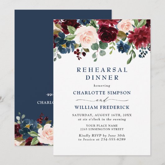Invitation Burgundy Navy Blue Blush Flowers REHEARSAL DÎNER (Devant / Derrière)