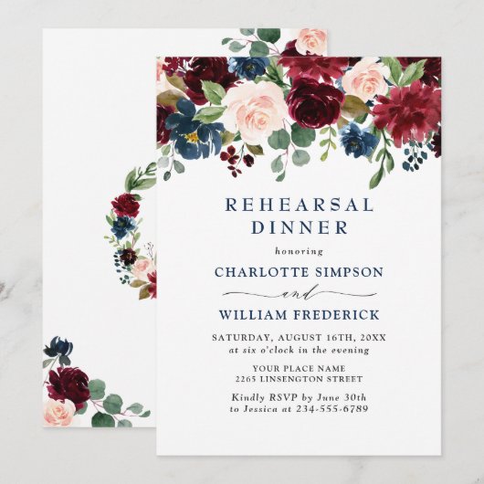 Invitation Burgundy Navy Blue Blush Flowers REHEARSAL DÎNER (Devant / Derrière)