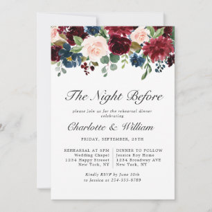 Invitation Burgundy Navy Blue Blush Flowers REHEARSAL DÎNER