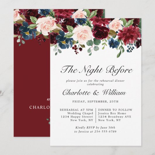Invitation Burgundy Navy Blue Blush Flowers REHEARSAL DÎNER (Devant / Derrière)