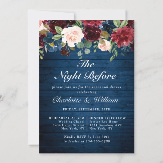 Invitation Burgundy Navy Blue Blush Flowers REHEARSAL DÎNER (Devant)