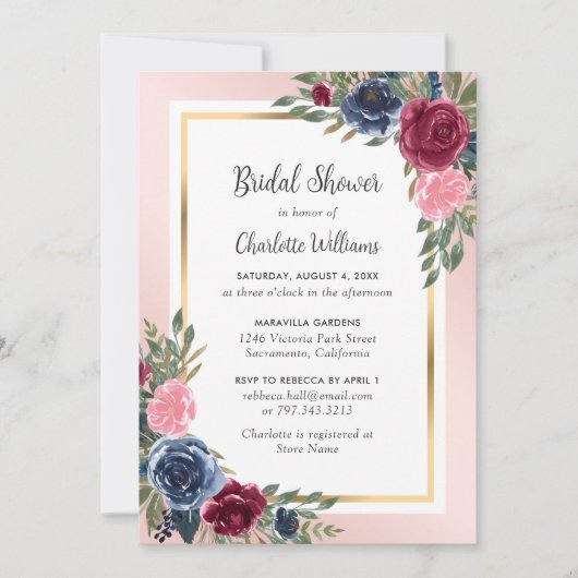 Invitation Burgundy Navy Blue Blush Gold FlorFête des mariées (Devant)