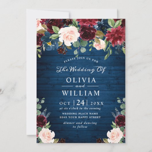 Invitation Burgundy Navy Blue Blush Rustic Floral Mariage (Devant)