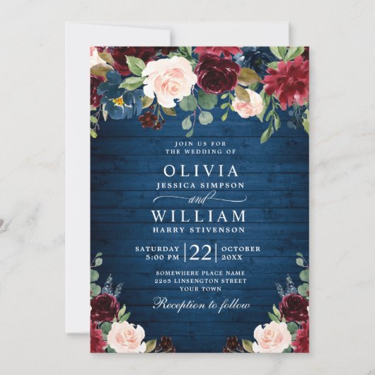 Invitation Burgundy Navy Blue Blush Rustic Floral Mariage (Devant)