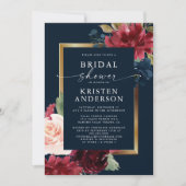 Invitation Burgundy Navy Blue Floral Aquarelle Fête des marié (Devant)