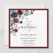Invitation Burgundy Navy Blue Floral Aquarelle Script (Devant)
