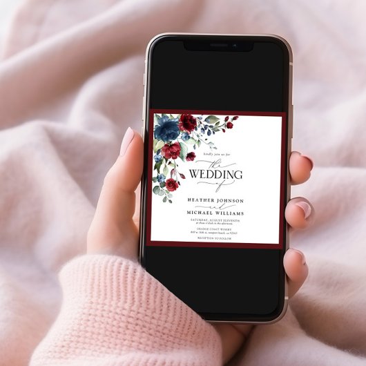 Invitation Burgundy Navy Blue Floral Aquarelle Script