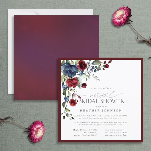 Invitation Burgundy Navy Blue Floral Aquarelle virtuelle