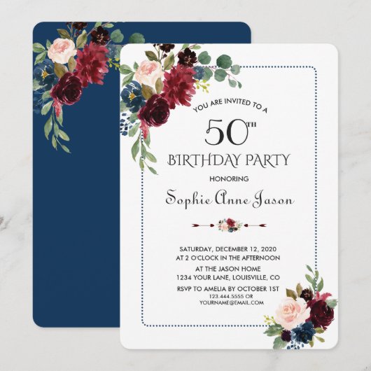 Invitation Burgundy Navy Blue Floral Frame 50e Anniversaire (Devant / Derrière)