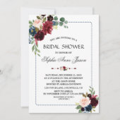 Invitation Burgundy Navy Blue Floral Frame Fête des mariées (Devant)