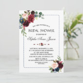 Invitation Burgundy Navy Blue Floral Frame Fête des mariées (Debout devant)