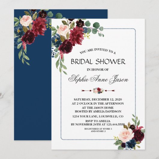 Invitation Burgundy Navy Blue Floral Frame Fête des mariées (Devant / Derrière)