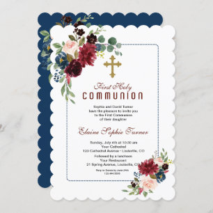 Invitation Burgundy Navy Blue Floral Frame Holy Communion