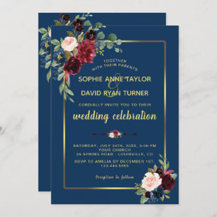 Invitation Burgundy Navy Blue Floral Golden Frame Mariage