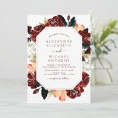 Invitation Burgundy Navy Blue Floral Mariage Élégant (Debout devant)