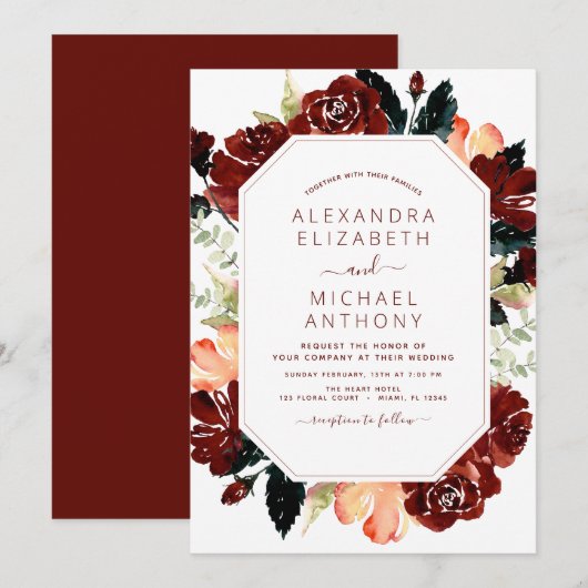 Invitation Burgundy Navy Blue Floral Mariage Élégant (Devant / Derrière)