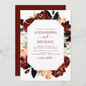Invitation Burgundy Navy Blue Floral Mariage Élégant (Devant / Derrière)