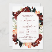 Invitation Burgundy Navy Blue Floral Mariage Élégant Moderne (Devant)