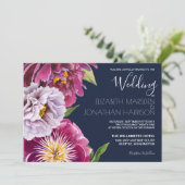 Invitation Burgundy Navy Blue Floral Photo Dark Mariage (Debout devant)
