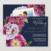 Invitation Burgundy Navy Blue Floral Photo Dark Mariage (Devant / Derrière)