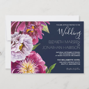 Invitation Burgundy Navy Blue Floral Photo Dark Mariage