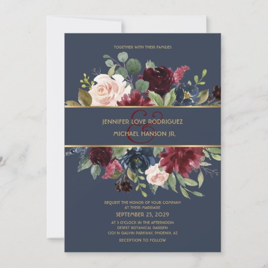Invitation Burgundy & Navy Blue Gold Floral Boho Chic Mariage (Devant)