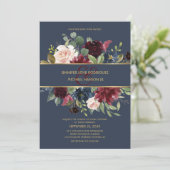 Invitation Burgundy & Navy Blue Gold Floral Boho Chic Mariage (Debout devant)