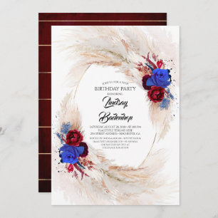 Invitation Burgundy Navy Blue Pampas Grass fête d'anniversair