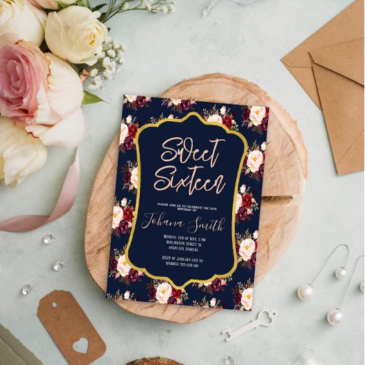 Invitation Burgundy Navy Blue Peony Floral 16e anniversaire