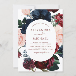 Invitation Burgundy Navy Blue Photo Floral Eucalyptus Mariage
