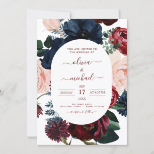 Invitation Burgundy Navy Blue Photo Floral Mariage