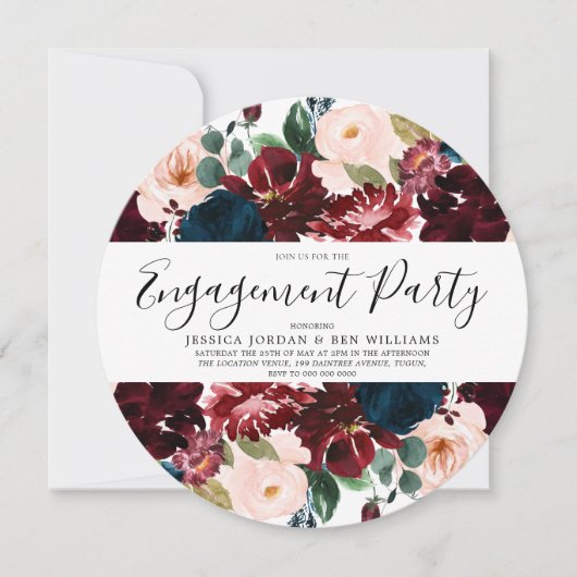 Invitation Burgundy Navy Blush Floral Engagement Party (Devant)