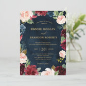 Invitation Burgundy Navy Blush Floral Gold Botanical Mariage (Debout devant)