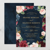 Invitation Burgundy Navy Blush Floral Gold Botanical Mariage (Devant / Derrière)