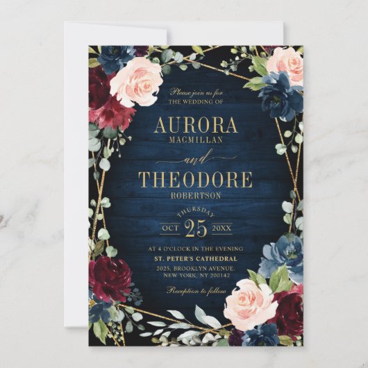 Invitation Burgundy Navy Blush Floral Gold Mariage géométriqu (Devant)