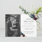 Invitation Burgundy Navy Blush Floral Photo Enregistrer la da (Debout devant)