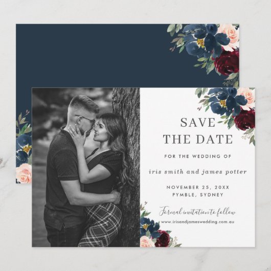 Invitation Burgundy Navy Blush Floral Photo Enregistrer la da (Devant / Derrière)