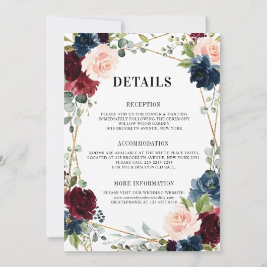 Invitation Burgundy Navy Blush Gold Détails géométriques Mari (Dos)