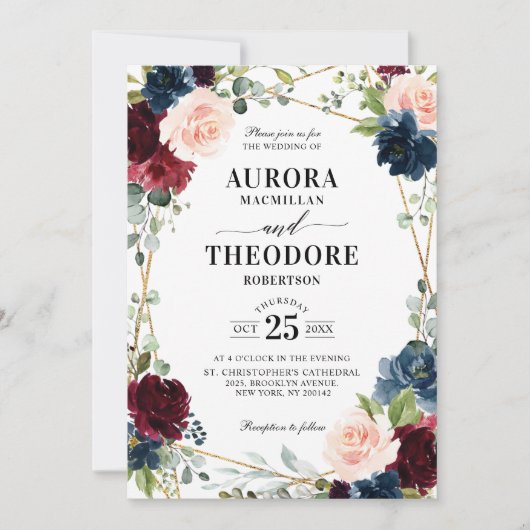 Invitation Burgundy Navy Blush Gold Geometry Code QR Mariage (Devant)