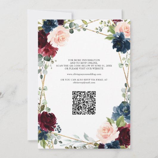 Invitation Burgundy Navy Blush Gold Geometry Code QR Mariage (Dos)