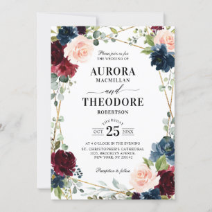 Invitation Burgundy Navy Blush Gold Geometry Code QR Mariage