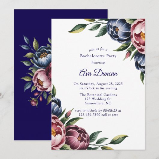 Invitation Burgundy Navy Blush Peony Bachelorette Party (Devant / Derrière)