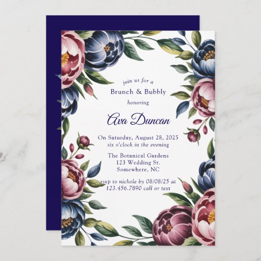 Invitation Burgundy Navy Blush Peony Brunch and Bubbly (Devant / Derrière)